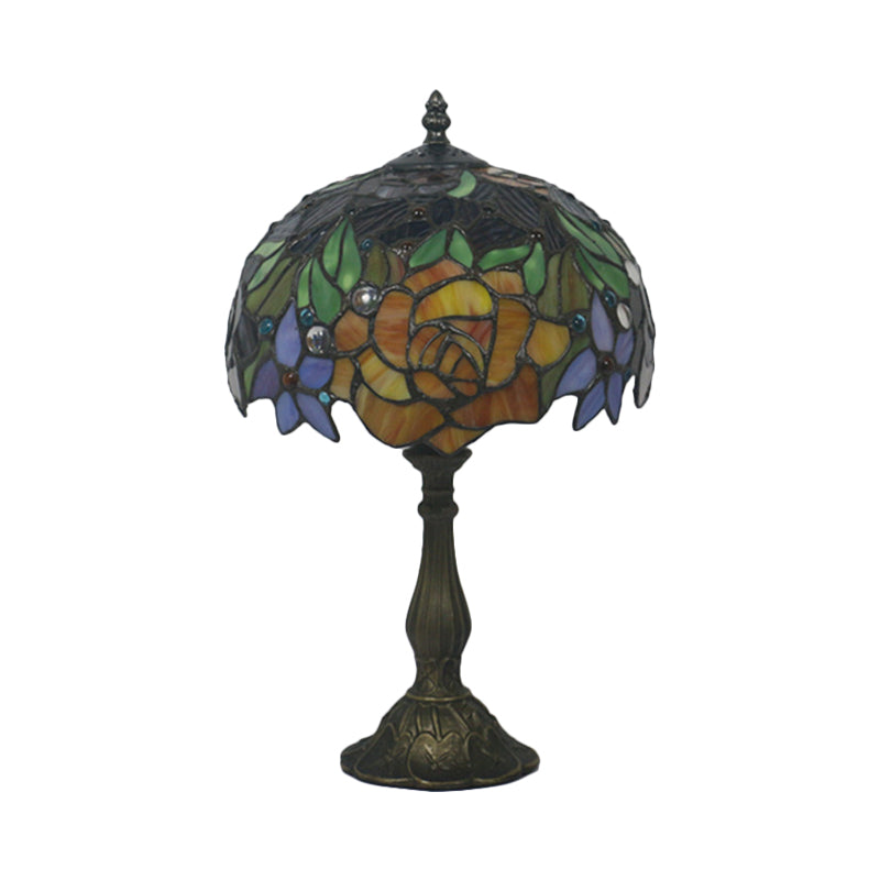 Stained Glass Bronze Night Light Rose 1 Light Baroque Style Table Lighting with Bowl Shade for Bedroom