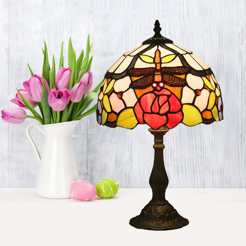 Bronze Domed Task Lighting Mediterranean 1 Light Stained Art Glass Table Lamp with Rose and Dragonfly Pattern