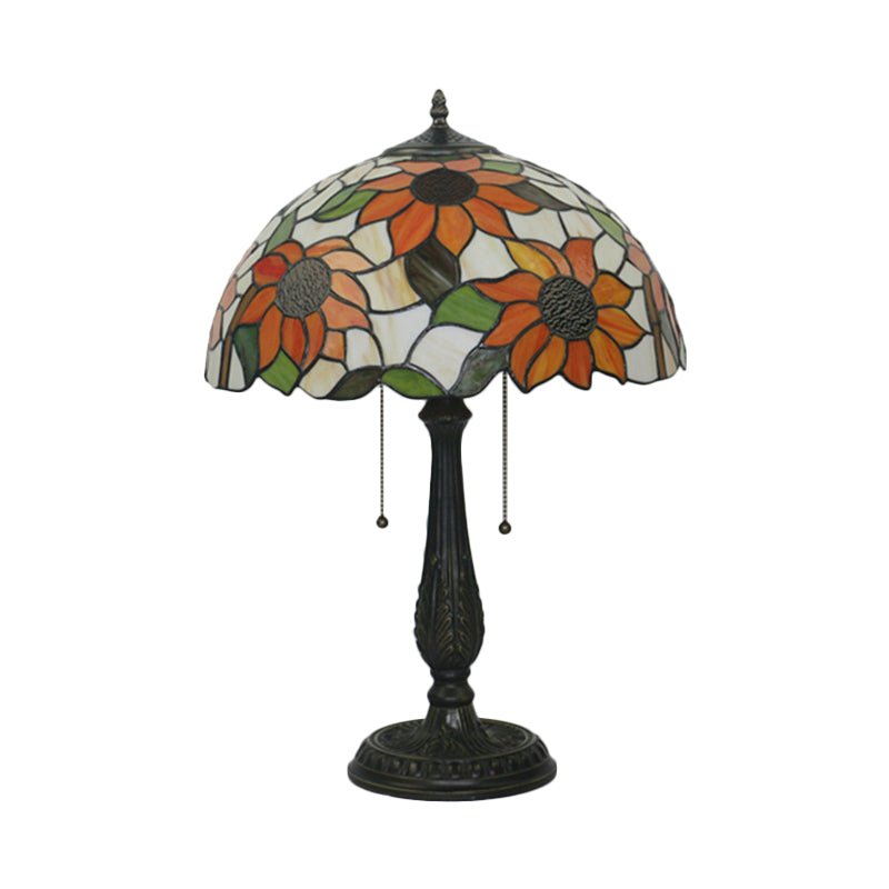 Bronze 2 Heads Nightstand Lamp Victorian Cut Glass Dome Pull Chain Desk Light with Sunflower Pattern