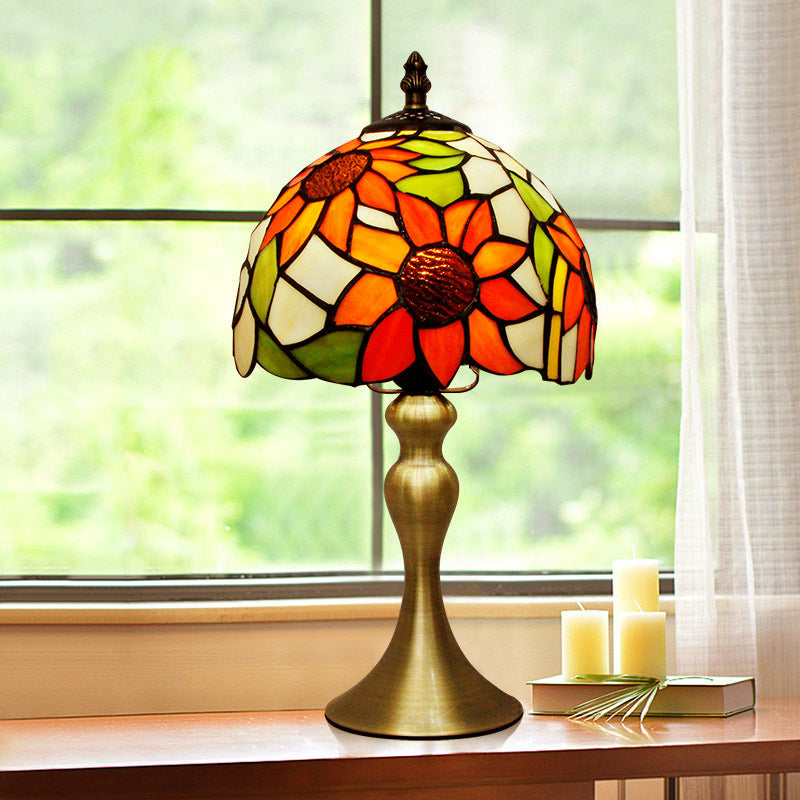 Sunflower Pattern Dome Shade Night Lamp 1 Head Stained Glass Tiffany Table Light with Brushed Brass Flared Base