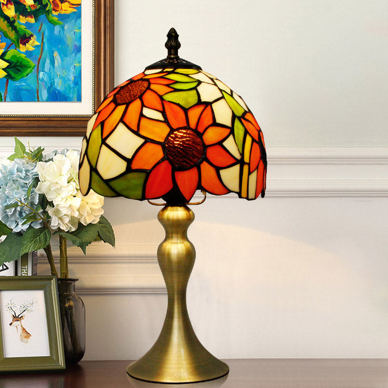 Sunflower Pattern Dome Shade Night Lamp 1 Head Stained Glass Tiffany Table Light with Brushed Brass Flared Base