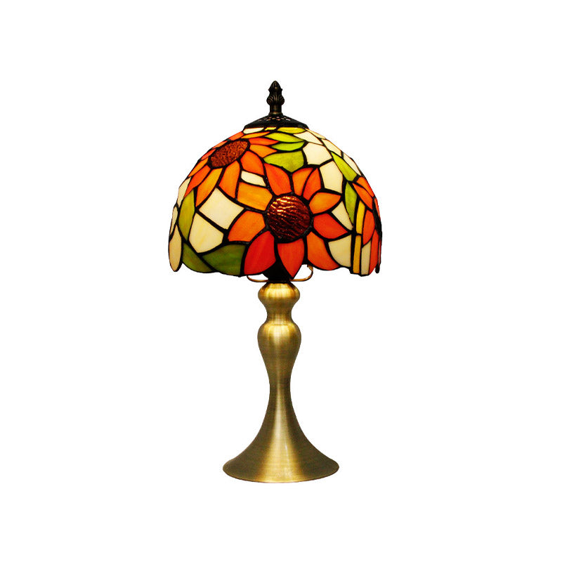 Sunflower Pattern Dome Shade Night Lamp 1 Head Stained Glass Tiffany Table Light with Brushed Brass Flared Base