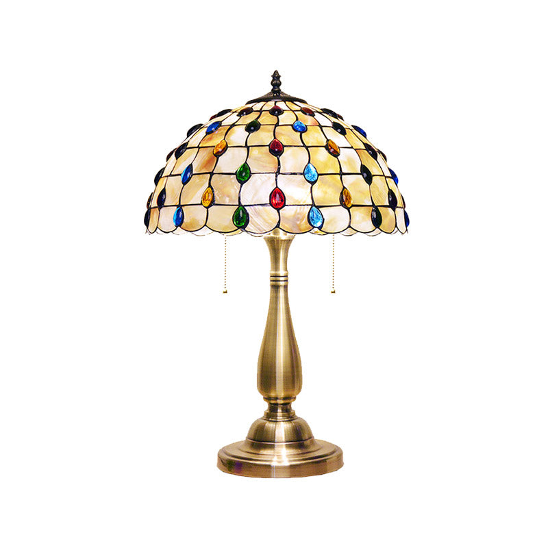 Jewel-Embedded Grid Table Light Tiffany Shell 2 Bulbs Gold Pull Chain Nightstand Lamp for Bedroom