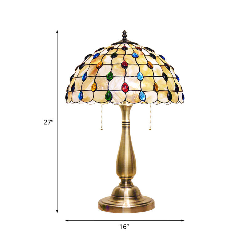 Jewel-Embedded Grid Table Light Tiffany Shell 2 Bulbs Gold Pull Chain Nightstand Lamp for Bedroom