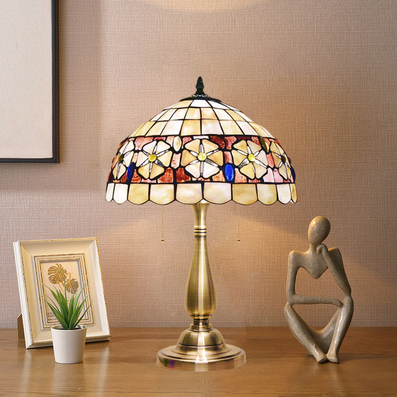 Shell Flower-Belt Hemisphere Table Lamp Mediterranean 2-Light Brushed Brass Night Stand Light with Pull Chain