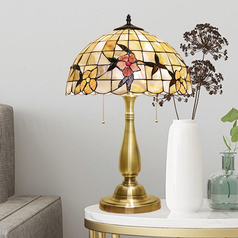 Tiffany Sparrow Pull-Chain Night Light 2-Head Shell Table Lamp in Brushed Brass for Bedside