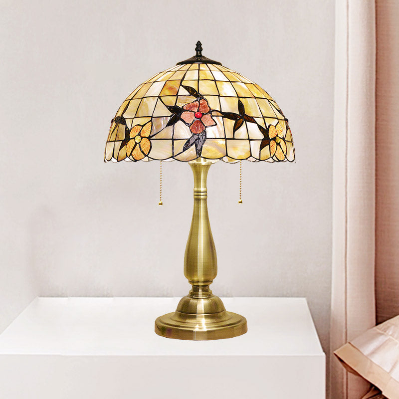 Tiffany Sparrow Pull-Chain Night Light 2-Head Shell Table Lamp in Brushed Brass for Bedside