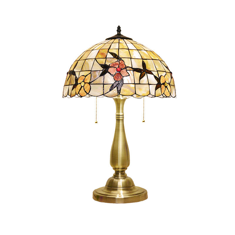 Tiffany Sparrow Pull-Chain Night Light 2-Head Shell Table Lamp in Brushed Brass for Bedside