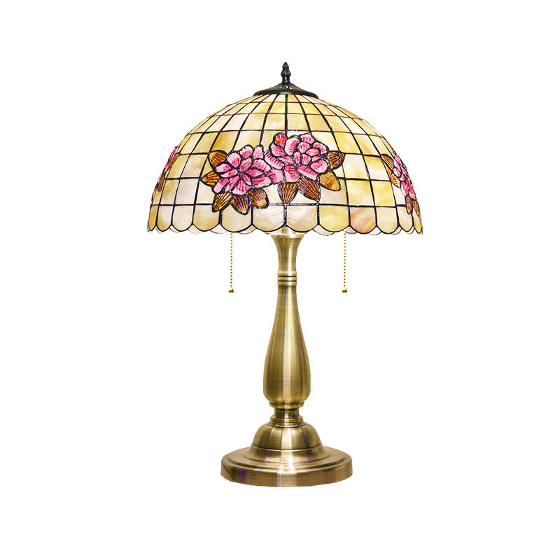 Flower Pattern Grid Shell Table Lamp Tiffany Style 2 Bulbs Gold Finish Night Stand Light with Pull Chain