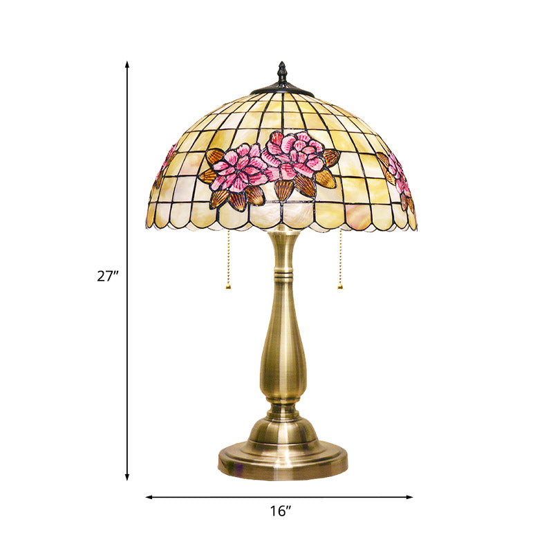 Flower Pattern Grid Shell Table Lamp Tiffany Style 2 Bulbs Gold Finish Night Stand Light with Pull Chain