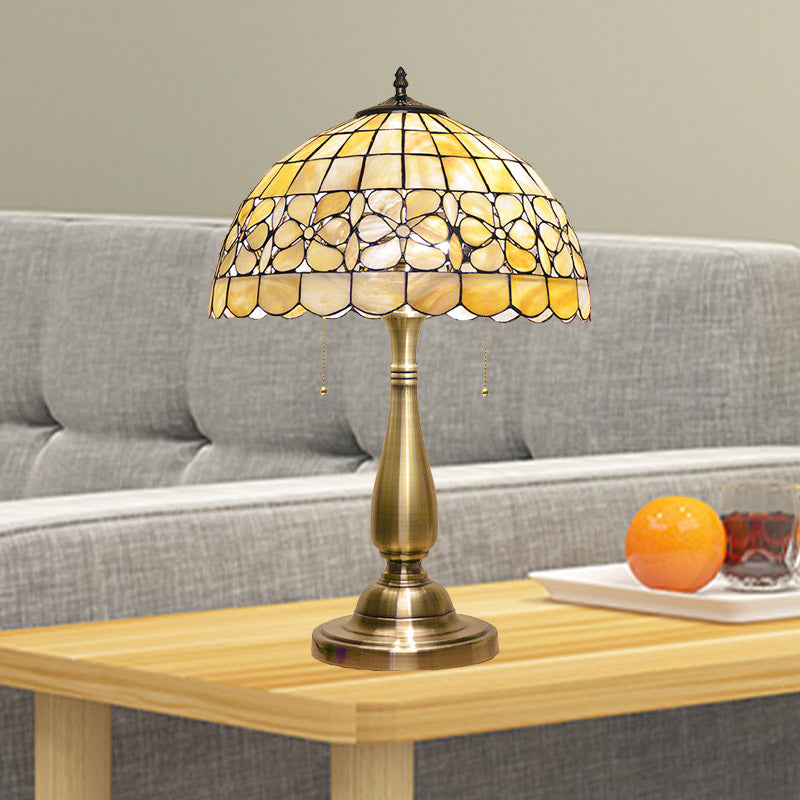 Gold Scalloped Bowl Nightstand Lamp Tiffany 2 Lights Shell Table Lighting with Pull Chain Switch