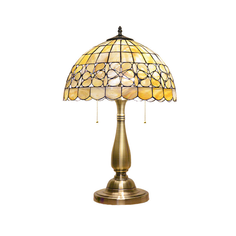 Gold Scalloped Bowl Nightstand Lamp Tiffany 2 Lights Shell Table Lighting with Pull Chain Switch