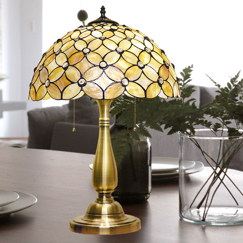 2 Bulbs Living Room Night Lamp Baroque Gold Pull-Chain Table Lighting with Crisscrossed Flower Shell Shade