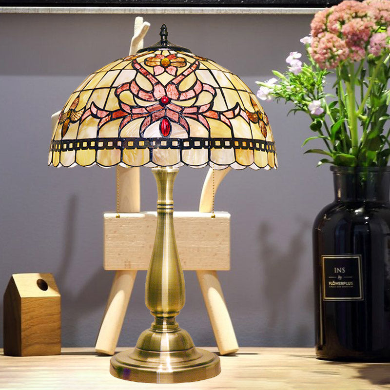 Grid-Trim Floral Table Light 2 Heads Shell Vintage Nightstand Lamp with Pulling Chain in Brushed Gold for Bedside