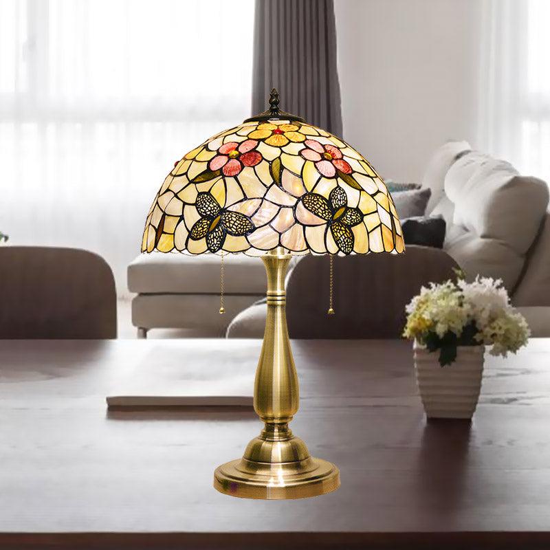 Shell Brushed Brass Night Light Butterflies and Flower 2 Lights Tiffany Pull Chain Table Lamp