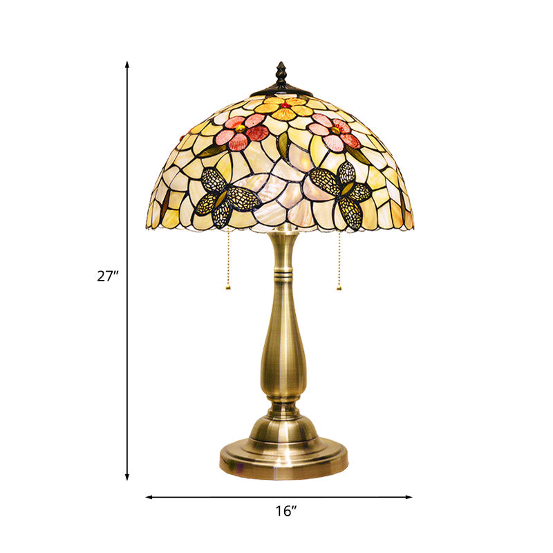 Shell Brushed Brass Night Light Butterflies and Flower 2 Lights Tiffany Pull Chain Table Lamp