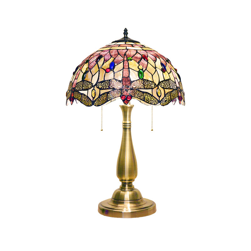 Scalloped Dome Shade Shell Night Lamp Tiffany 2 Heads Brushed Brass Table Lighting with Dragonfly Edge and Pull Chain