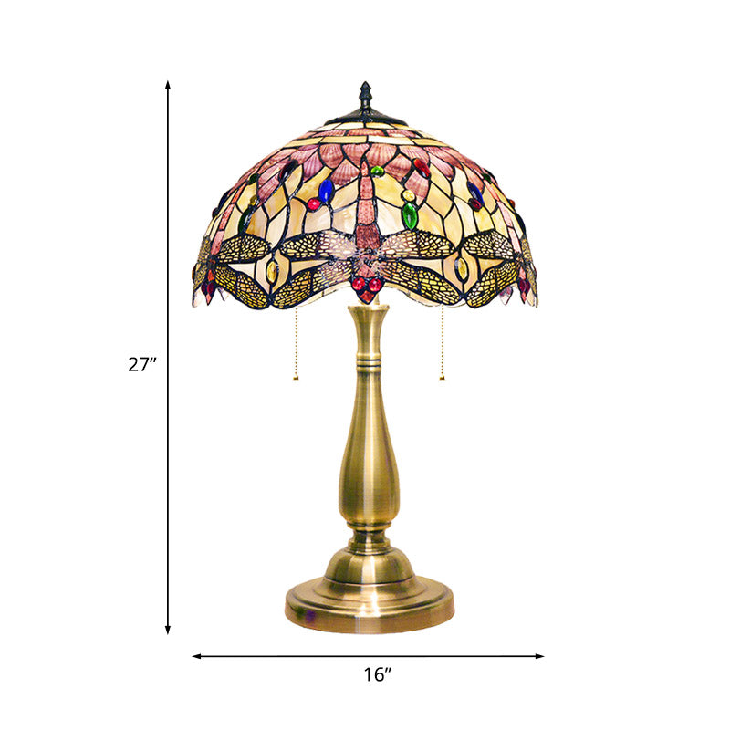 Scalloped Dome Shade Shell Night Lamp Tiffany 2 Heads Brushed Brass Table Lighting with Dragonfly Edge and Pull Chain