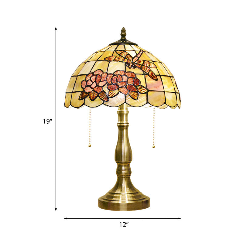 Brushed Brass 2-Bulb Nightstand Light Tiffany Shell Dragonfly on Peony Table Lamp with Pull Chain