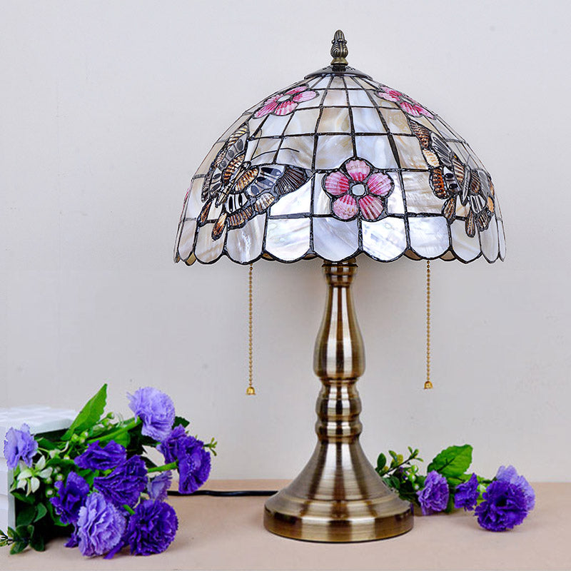 Shell Gridded Bowl Night Light Tiffany 2 Heads Brushed Brass Pull-Chain Table Lighting with Butterfly-Flower Pattern