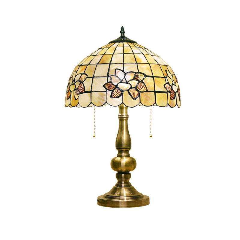 Lotus Blossom Gridded Table Light 2-Light Shell Victorian Style Night Stand Lamp with Pull Chain in Brushed Brass