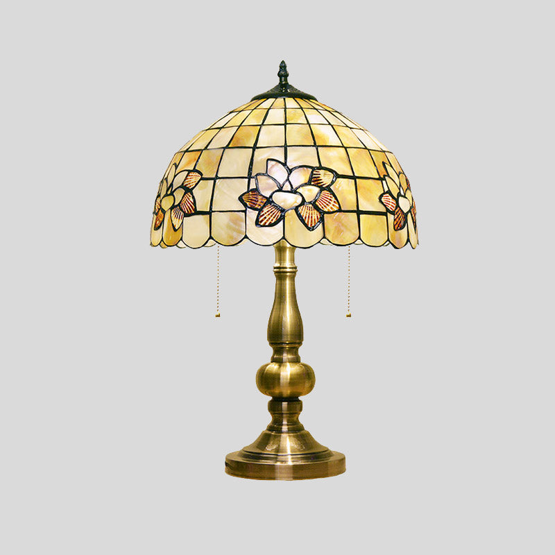 Lotus Blossom Gridded Table Light 2-Light Shell Victorian Style Night Stand Lamp with Pull Chain in Brushed Brass