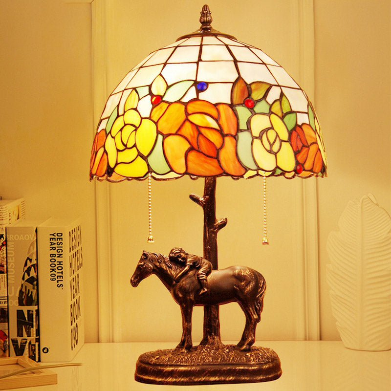 Harz Dunkelbraun Pull-Chain Night Lampe Kid schläft auf dem Pferd 2-Köpfen Tiffany Tisch Licht mit Roseborderschalenschatten