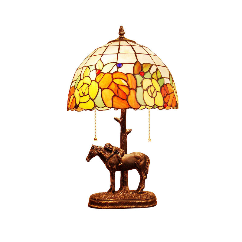 Resin Dark Brown Pull-Chain Night Lamp Kid Sleeping on Horseback 2-Bulb Tiffany Table Light with Roseborder Shell Shade