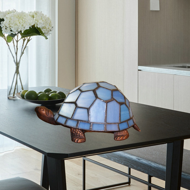 Turtle Blue Glass Nightstand Light Mediterranean 1 Bulb Copper Table Lamp for Bedroom