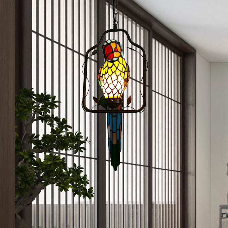 1 Bulb Parrot Wall Sconce Baroque Blue Cut Glass Long Feather Wall Light Fixture with Perch Swing