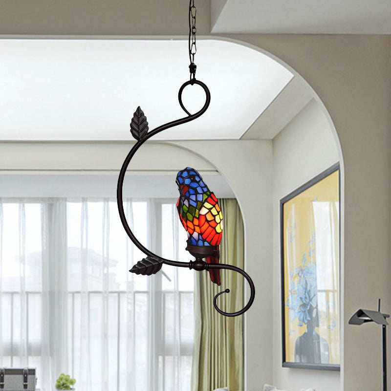 Parrot Pendant Light Kit Victorian Stained Glass 1-Light Yellow/Blue Ceiling Suspension Lamp with Curvy Arm