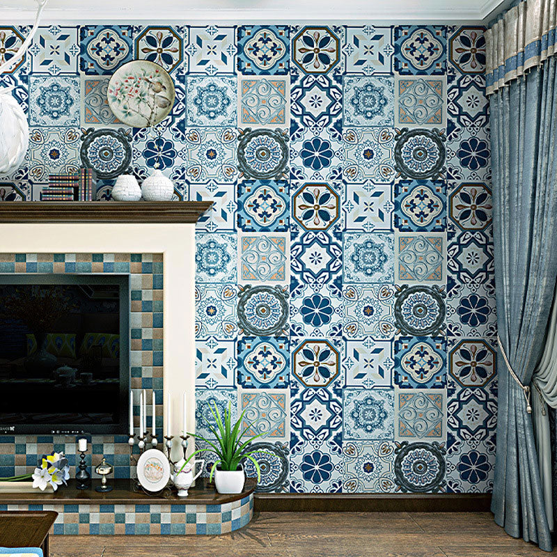 Non-Pasted Wallpaper with Blue and Grey Tile of Bohemian Style, 20.5-inch x 33-foot