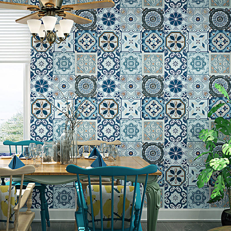 Non-Pasted Wallpaper with Blue and Grey Tile of Bohemian Style, 20.5-inch x 33-foot