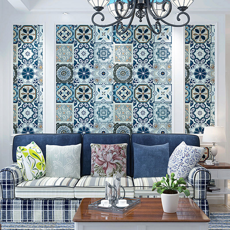 Non-Pasted Wallpaper with Blue and Grey Tile of Bohemian Style, 20.5-inch x 33-foot