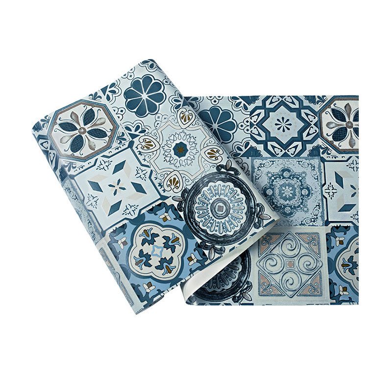 Non-Pasted Wallpaper with Blue and Grey Tile of Bohemian Style, 20.5-inch x 33-foot