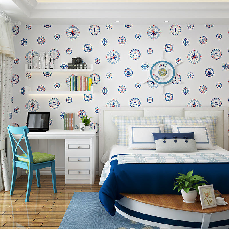 Mediterranean Compass and Boat Wallpaper for Kids' Room in White and Blue Non-Pasted Non-Woven