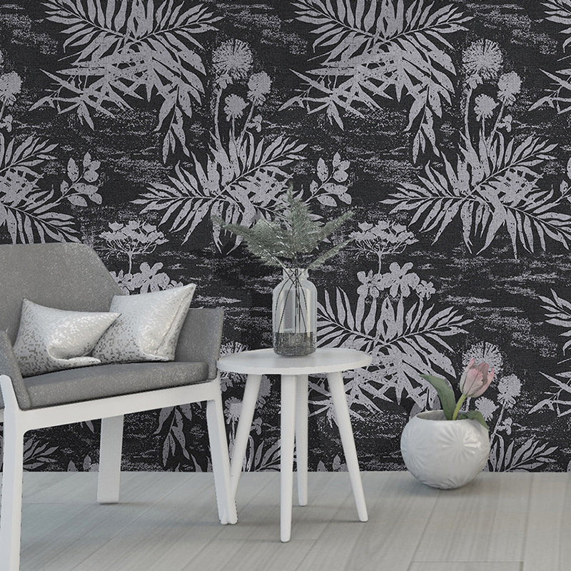 Contemporary Novelty Leave  Wallpaper 33'L x 20.5"W Texture Non-Pasted in Black and White