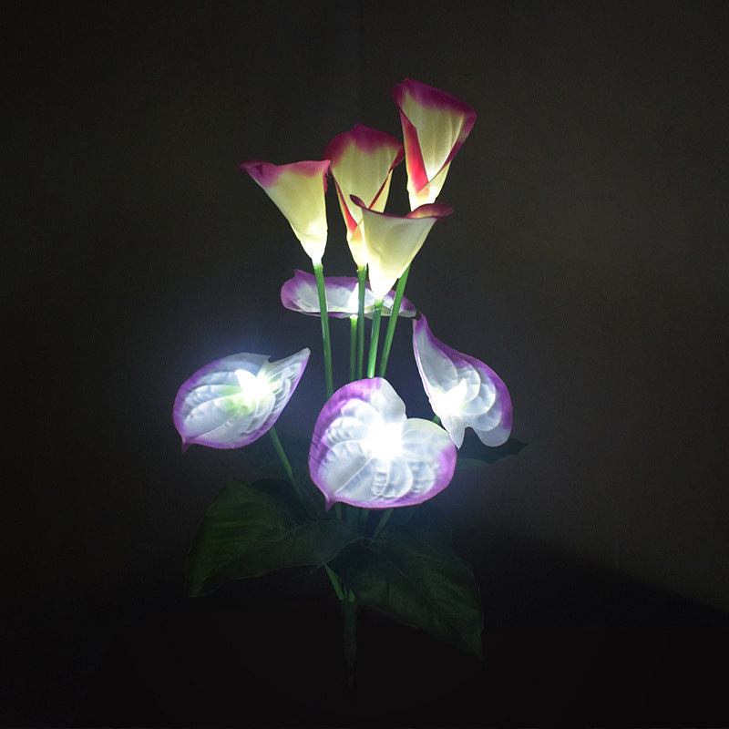 Metal Calla Lily Decorative Light Modern LED Solar Ground Lamp in Purple and White for Outdoor, 2 Packs