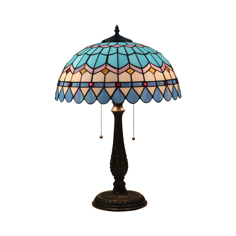 Dome Shaped Pull Chain Night Table Lighting Tiffany Stained Glass 1-Head Bronze Nightstand Lamp