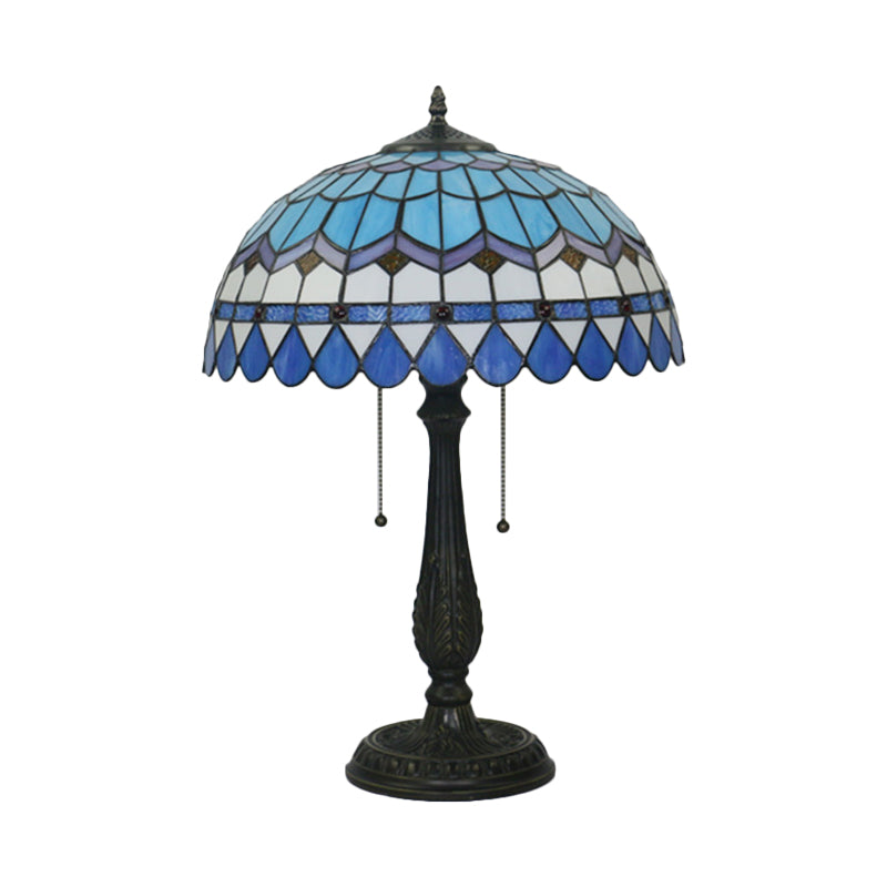 Dome Shaped Pull Chain Night Table Lighting Tiffany Stained Glass 1-Head Bronze Nightstand Lamp