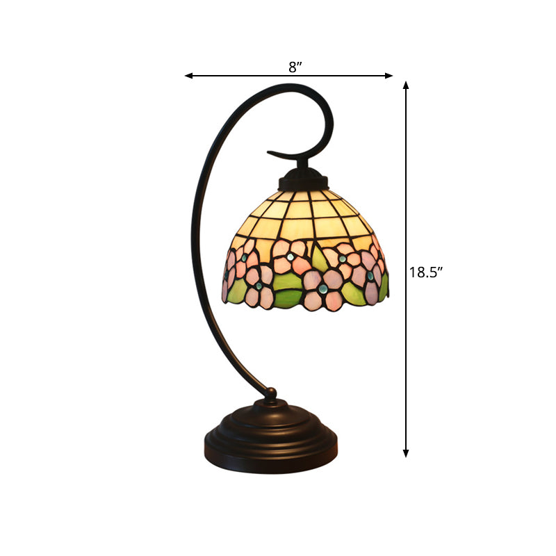 Pink/Orange 1-Head Desk Light Tiffany Hand Cut Glass Bowl Shape Night Table Lamp with Blossom Pattern for Bedroom