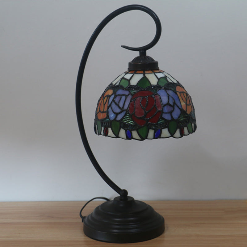 1-bulb koepelvaart tafellighting barokke rood/roze/bruin gesneden glazen roos/tulpen patroon nachtkastje lamp met ronde arm