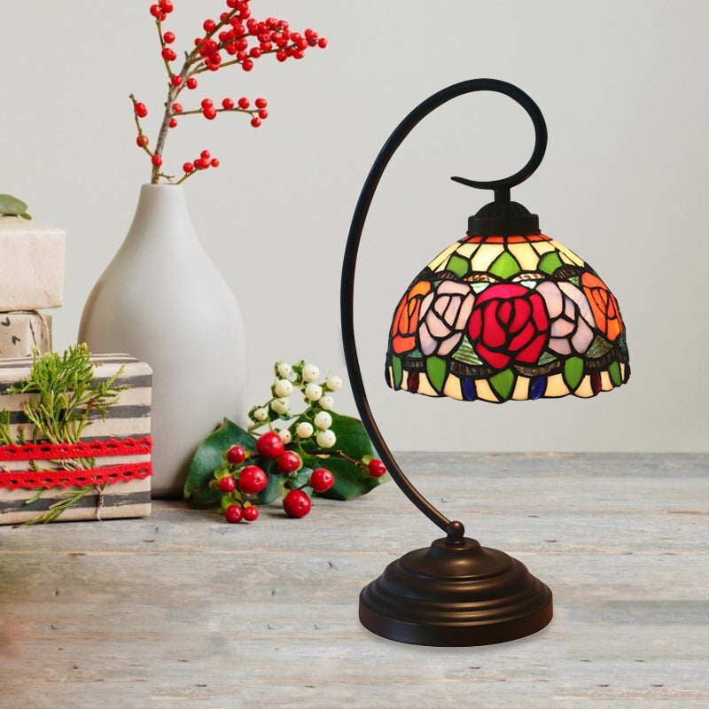 1-bulb koepelvaart tafellighting barokke rood/roze/bruin gesneden glazen roos/tulpen patroon nachtkastje lamp met ronde arm