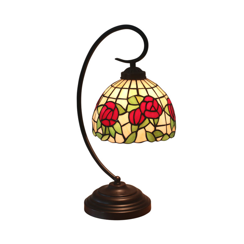 1-bulb koepelvaart tafellighting barokke rood/roze/bruin gesneden glazen roos/tulpen patroon nachtkastje lamp met ronde arm