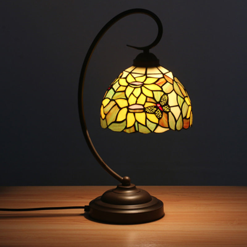 Red/Yellow 1 Light Night Table Lamp Tiffany Hand Cut Glass Domed Blossom Patterned Desk Lighting for Bedroom