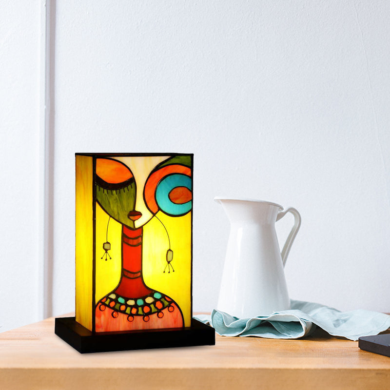 Baroque Rectangle Night Lamp 1 Light Hand Cut Glass Nightstand Light in Green with Abstract Woman Pattern