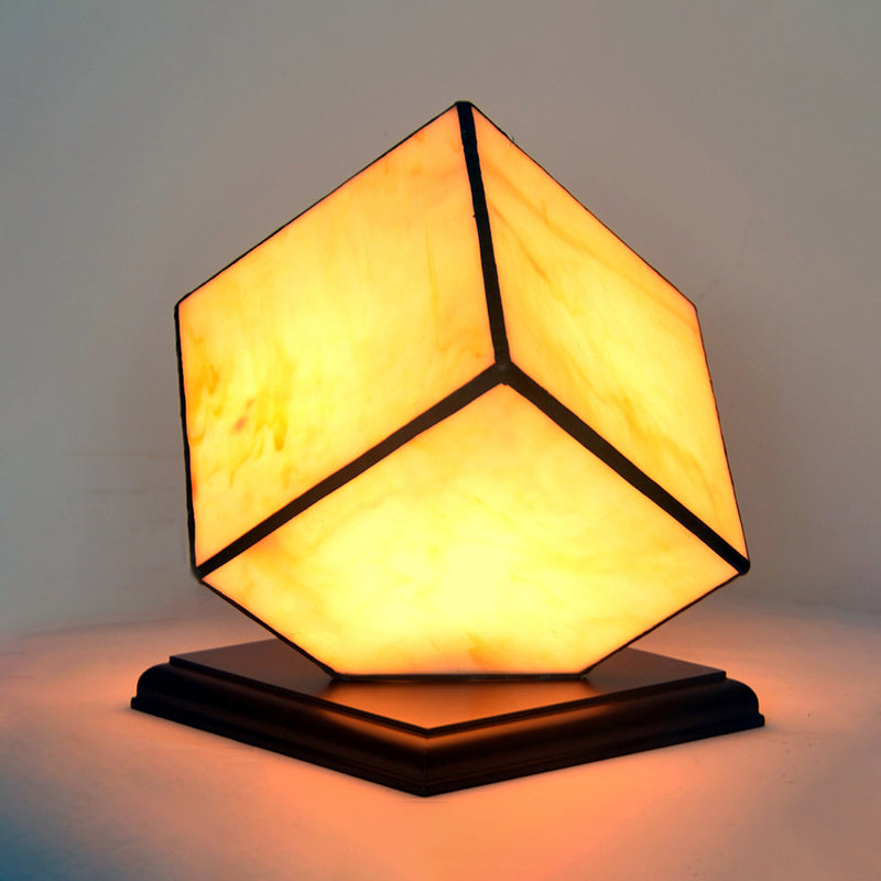 1 Bulb Cubic Night Light Mediterranean Style Beige Glass Table Lighting with Plug-In Cord