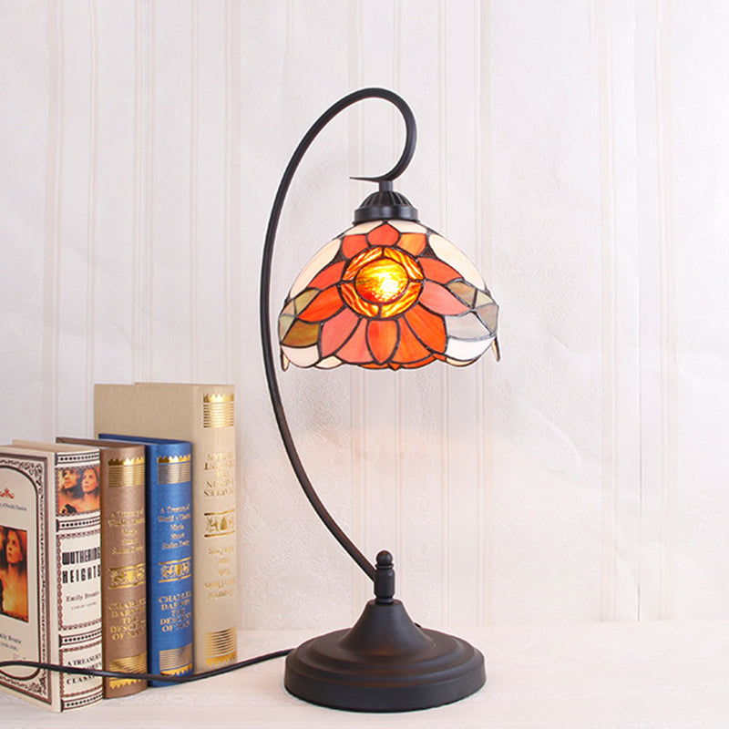 1 Bulb Living Room Night Light Tiffany Black Sunflower Patterned Nightstand Lamp with Bowl Cut Glass Shade