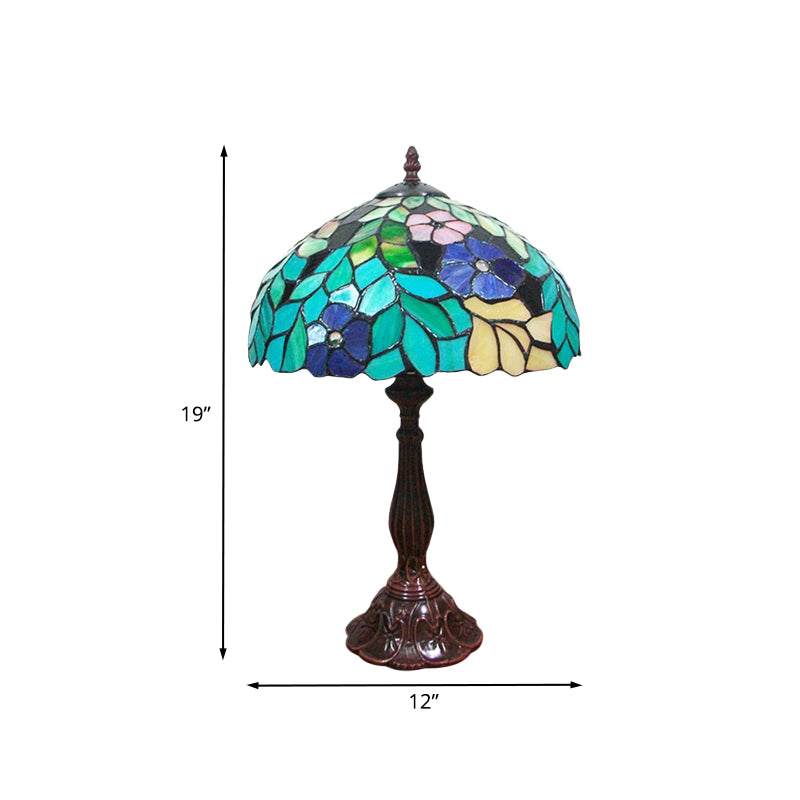 Stained Glass Coffee Nightstand Lamp Bowl Shape 1-Head Victorian Leaf and Petal Patterned Night Table Light