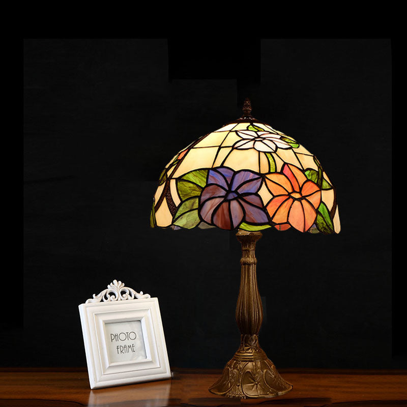 Tiffany Dome Shade Table Light 1-Bulb Stained Art Glass Night Lighting in Bronze with Bloom Pattern